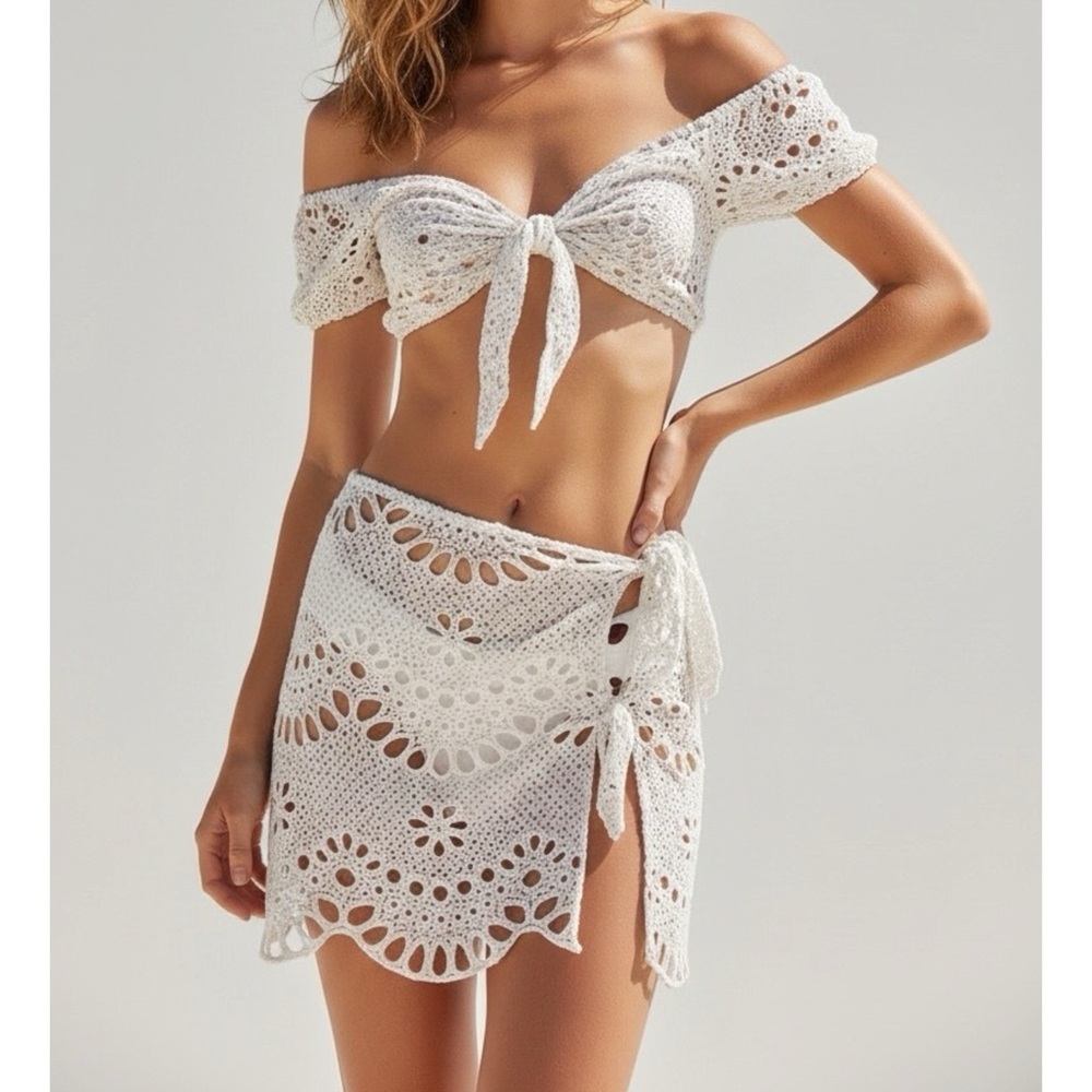 FOR LOVE & LEMONS Cookies N Cream Tie Up Skirt, Ivory Eyelet, Large - Picture 1 of 10
